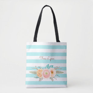 Chic Aqua Stripes Feminine Flora Name Tasche