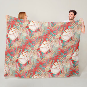Chic Aqua Türkis Coral Red Seashells Muster Fleecedecke