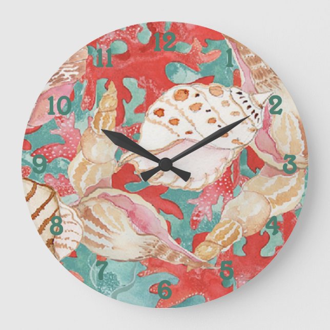 Chic Aqua Türkis Coral Red Seashells Muster Große Wanduhr (Vorderseite)