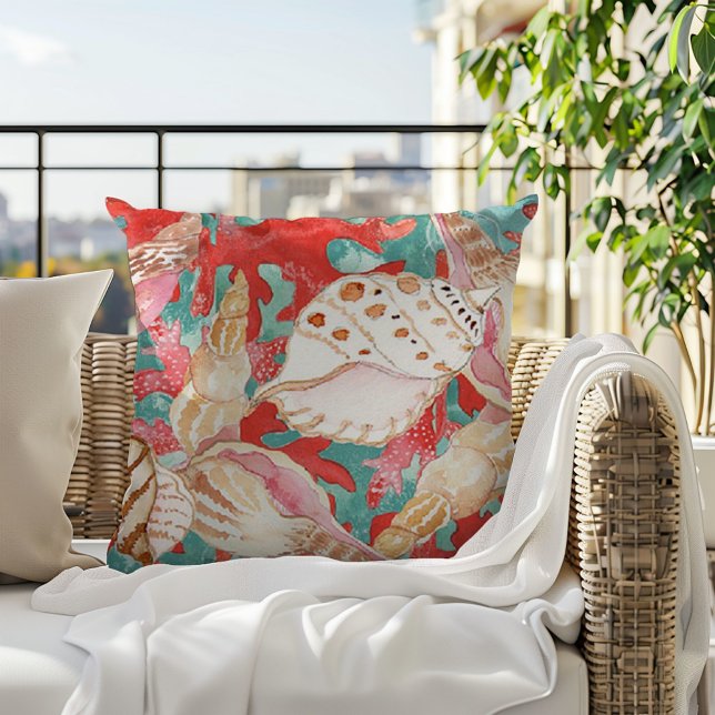 Chic Aqua Türkis Coral Red Seashells Muster Kissen (Von Creator hochgeladen)