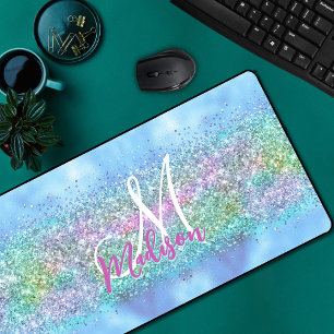 Chic aqua Unicorn Glitzer Glitzern Monogramm Schreibtischunterlage