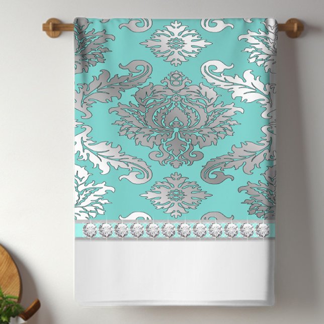 Chic Aquamarin Blue Damask Küchentücher (Pretty teal blue and silver diamond kitchen towel. You can add text to personalize.)
