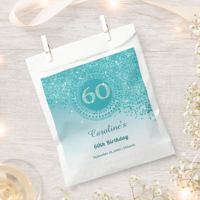 Chic Aquamarin Blue Glitzer, Dotted Frame 60. Gebu Geschenktütchen (Ausgeschnitten)