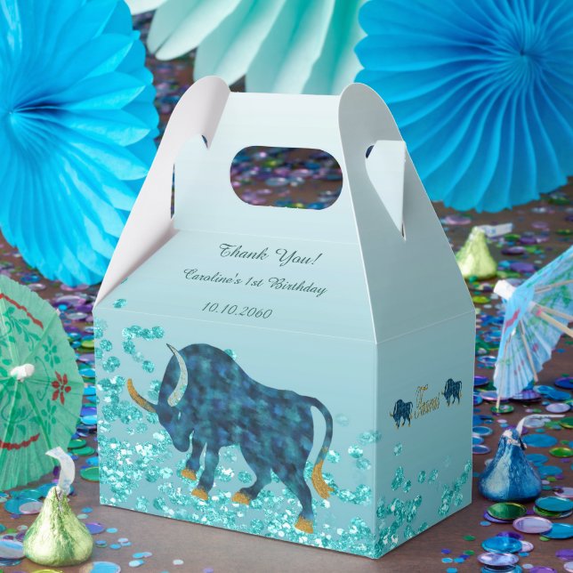 Chic Aquamarin Blue Glitzer Gold Taurus Zodiac Bir Geschenkschachtel (Party)
