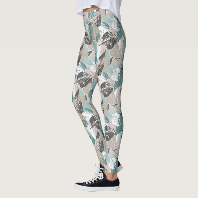 Chic Aquamarin Blue Green Taupe Brown Blätter Must Leggings (Links)