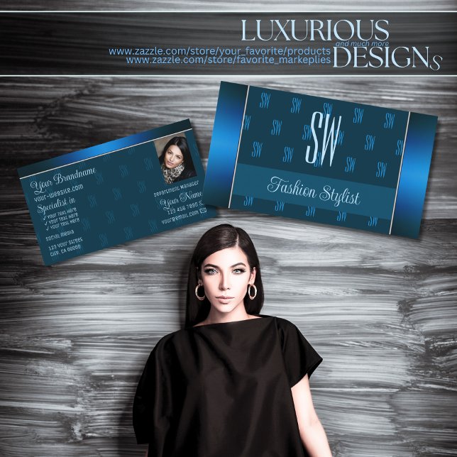 Chic Aquamarin Blue mit Foto- und Monogramm-Muster Visitenkarte (Von Creator hochgeladen)