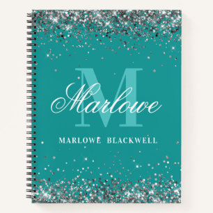 Chic Aquamarin Blue Monogram Silver Glitzer Notizbuch