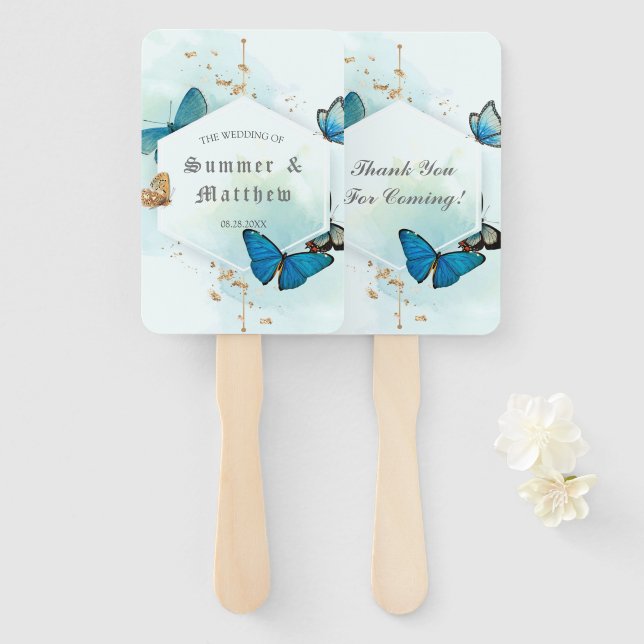 Chic Aquamarin Blue Painted Butterfly Wedding Dank Fächer (Vorne und Hinten)