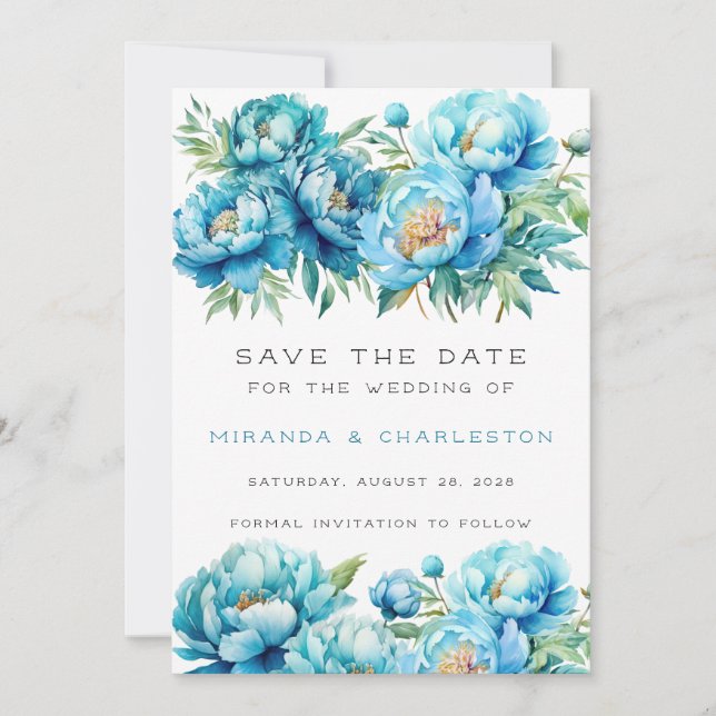Chic Aquamarin Blue Peony Blume Save the Date Einladung (Vorderseite)