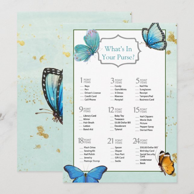 Chic Aquamarin Blue Watercolor Butterfly Brautpart Einladung (Vorne/Hinten)