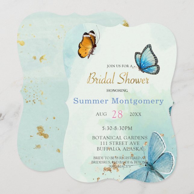 Chic Aquamarin Blue Watercolor Butterfly Brautpart Einladung (Vorne/Hinten)