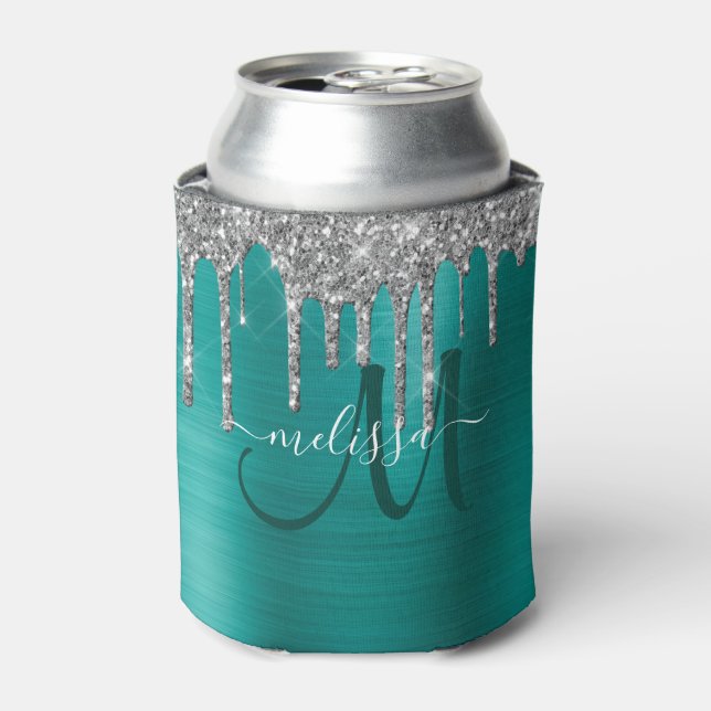 Chic Aquamarin Brushed Metal Silver Glitzer Tropfe Dosenkühler (Kanne Vorderseite)