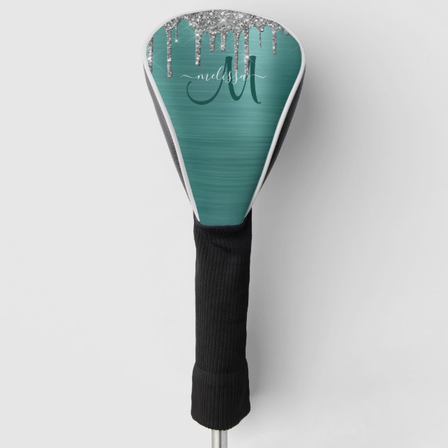 Chic Aquamarin Brushed Metal Silver Glitzer Tropfe Golf Headcover (Vorderseite)