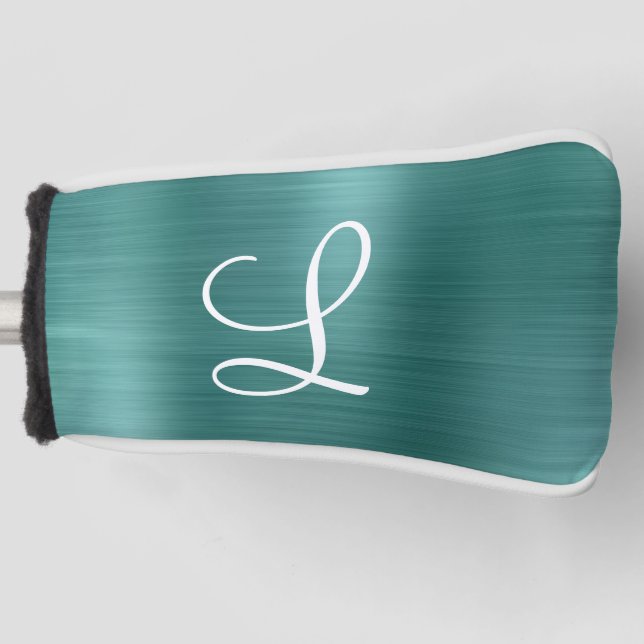 Chic Aquamarin Brushed Metal White Monogram Golf Headcover (Vorderseite)