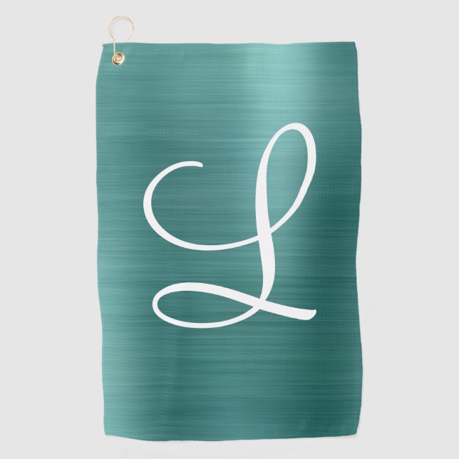 Chic Aquamarin Brushed Metal White Monogram Golfhandtuch (Vorderseite)