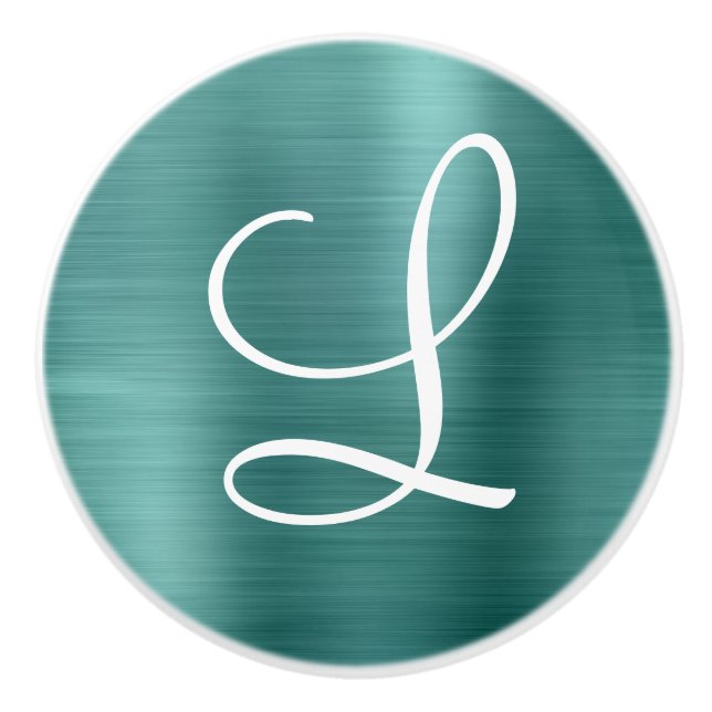 Chic Aquamarin Brushed Metal White Monogram Keramikknauf (Vorderseite)