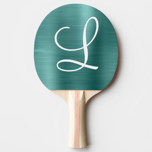 Chic Aquamarin Brushed Metal White Monogram Tischtennis Schläger (Vorderseite)