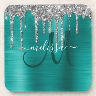 Chic Aquamarin Brushed Metallic Silver Glitzer Tro Getränkeuntersetzer