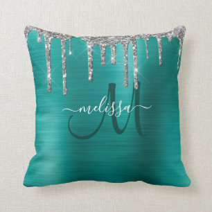 Chic Aquamarin Brushed Metallic Silver Glitzer Tro Kissen