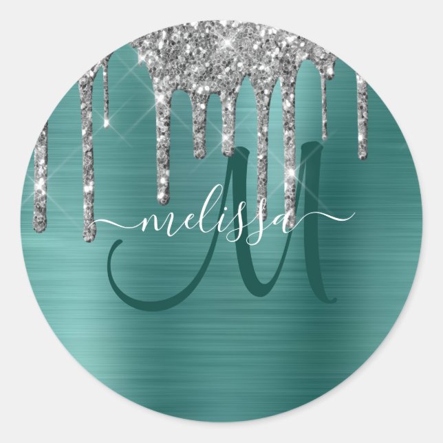 Chic Aquamarin Brushed Metallic Silver Glitzer Tro Runder Aufkleber (Vorderseite)