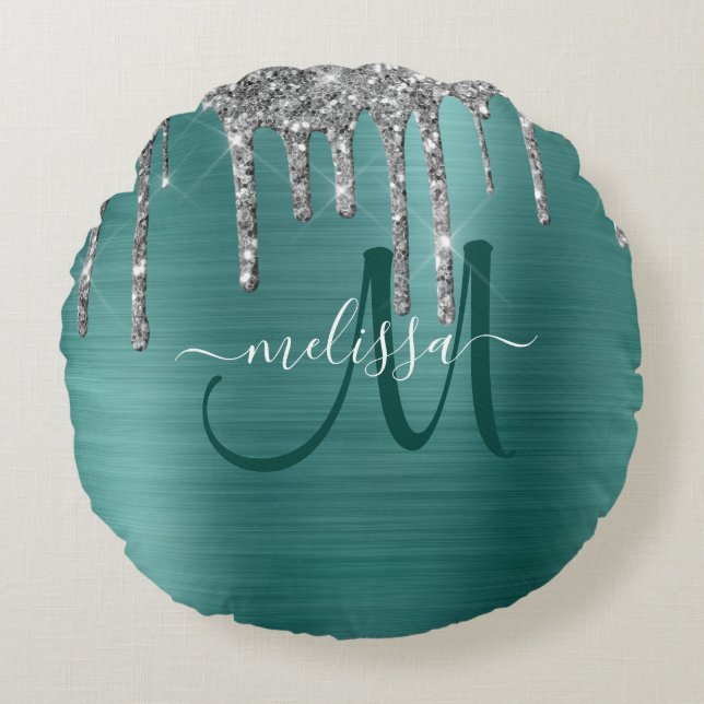 Chic Aquamarin Brushed Metallic Silver Glitzer Tro Rundes Kissen (Vorderseite)