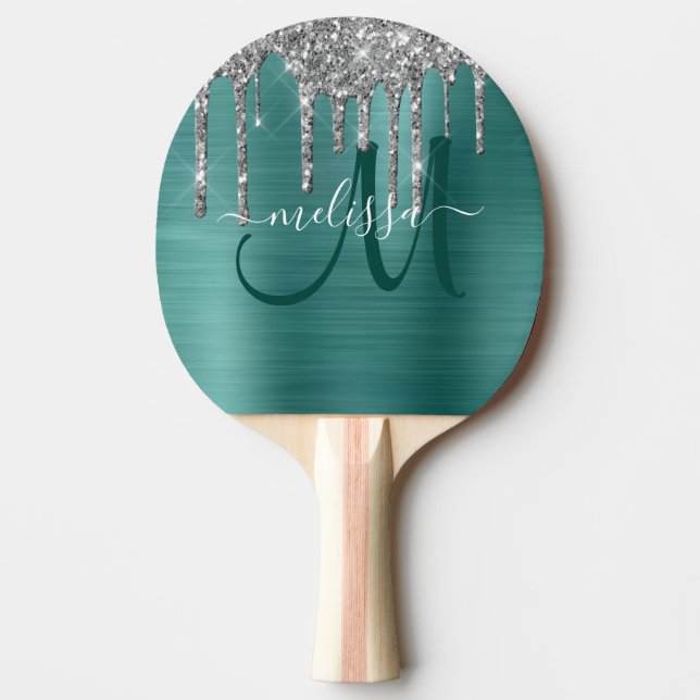 Chic Aquamarin Brushed Metallic Silver Glitzer Tro Tischtennis Schläger (Vorderseite)