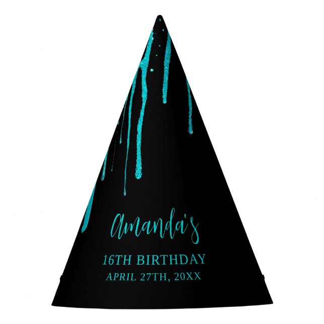 Chic Aquamarin Glitzer Tropfen Sweet 16 Geburtstag Partyhütchen (Vorderseite)