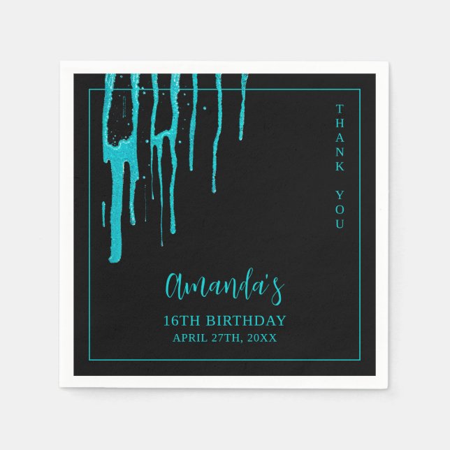 Chic Aquamarin Glitzer Tropfen Sweet 16 Geburtstag Serviette (Vorderseite)