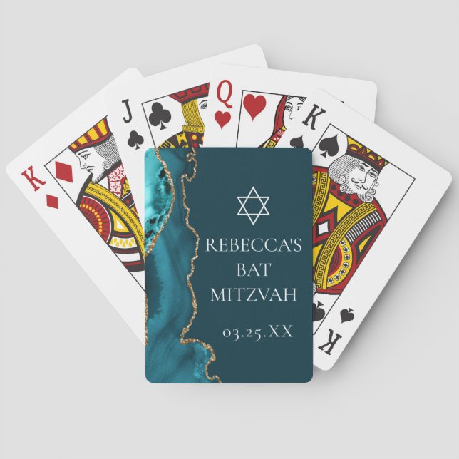Chic Aquamarin Gold Agate Bar Mitzvah Party Spielkarten (Rückseite)