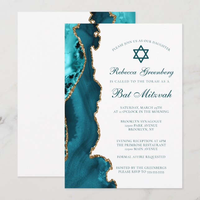 Chic Aquamarin Gold Agate Bat Mitzvah Party Einladung (Vorne/Hinten)