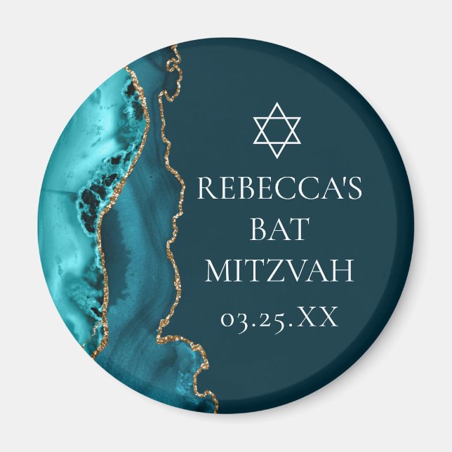 Chic Aquamarin Gold Agate Bat Mitzvah Party Magnet (Vorne)