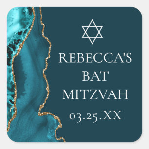 Chic Aquamarin Gold Agate Bat Mitzvah Party Quadratischer Aufkleber