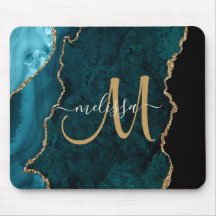 Chic Aquamarin Gold Agate Script Custom Monogram