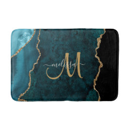 Chic Aquamarin Gold Glitzer Agate Custom Monogram Badematte