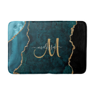 Chic Aquamarin Gold Glitzer Agate Custom Monogram Badematte