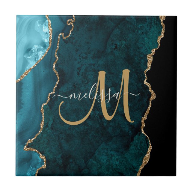 Chic Aquamarin Gold Glitzer Agate Custom Monogram Fliese (Vorderseite)