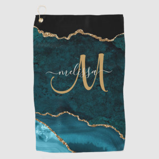 Chic Aquamarin Gold Glitzer Agate Custom Monogram Golfhandtuch