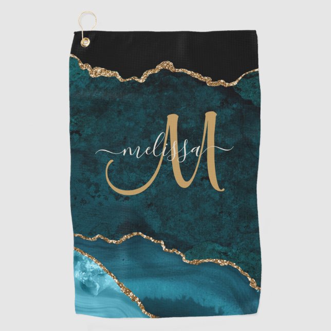 Chic Aquamarin Gold Glitzer Agate Custom Monogram Golfhandtuch (Vorderseite)