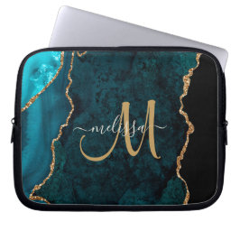 Chic Aquamarin Gold Glitzer Agate Custom Monogram Laptopschutzhülle