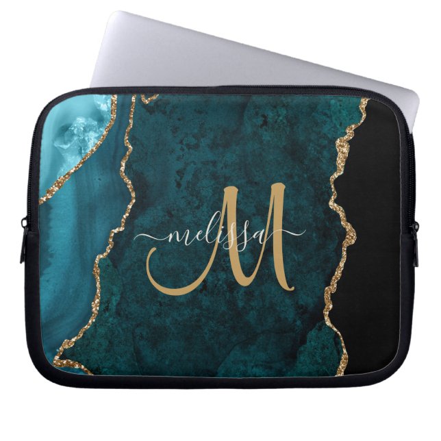 Chic Aquamarin Gold Glitzer Agate Custom Monogram Laptopschutzhülle (Vorderseite)
