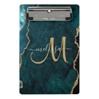 Chic Aquamarin Gold Glitzer Agate Custom Monogram Mini Klemmbrett