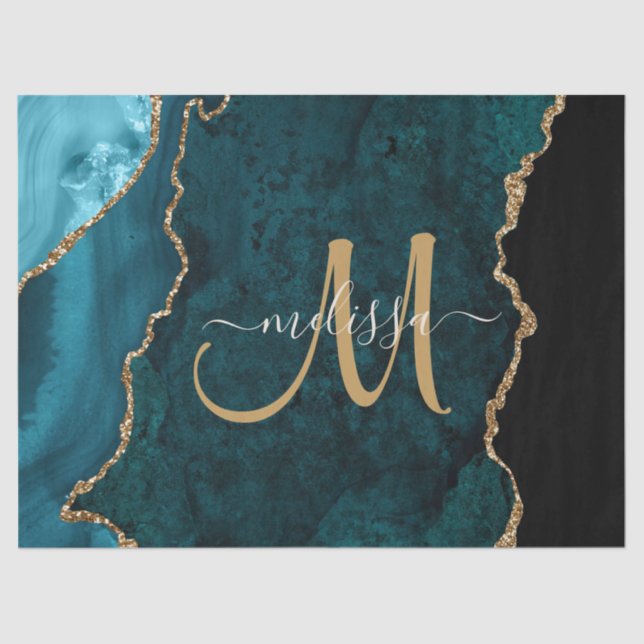 Chic Aquamarin Gold Glitzer Agate Custom Monogram Seidenpapier (Vorderseite)