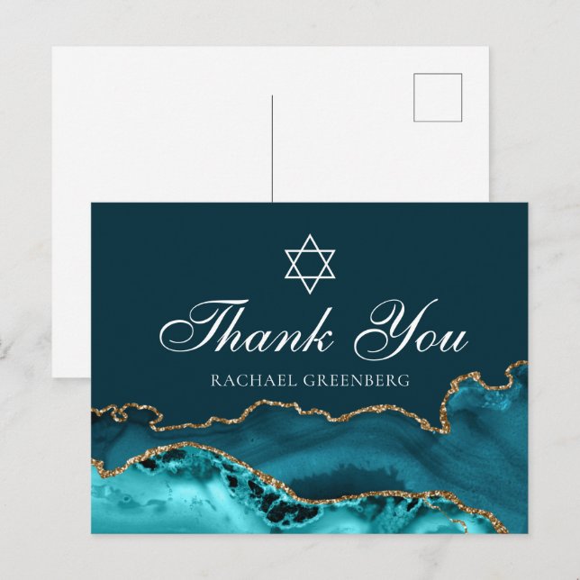 Chic Aquamarin Gold Personalisiert Bat Mitzvah Vie Postkarte (Vorne/Hinten)