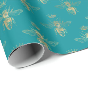Chic Aquamarin Gold Queen Bee Pattern Geschenkpapier