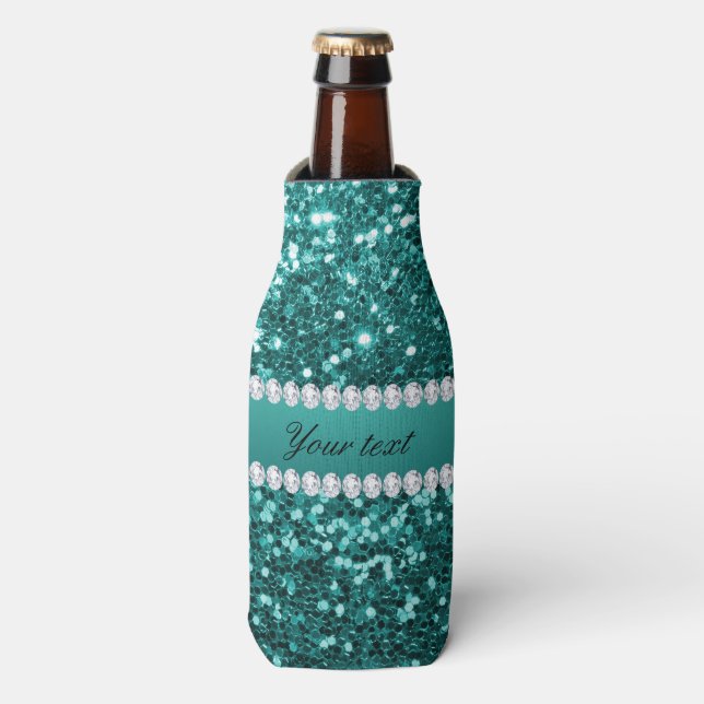 Chic Aquamarin Imitate Glitzer und Diamonds Flaschenkühler (Flaschenvorderseite)