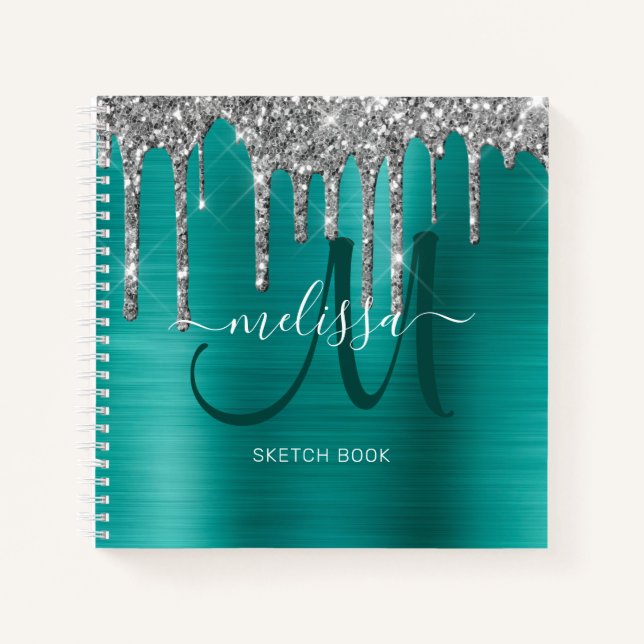  Chic Aquamarin Metallic Silver Glitzer Tropfen Sk Notizbuch (Vorderseite)