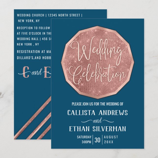 Chic Aquamarin Rose Gold Glitzer Polygon Geo Weddi Einladung (Vorne/Hinten)