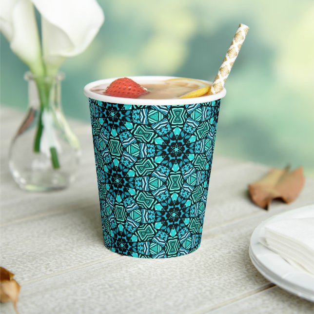Chic Aquamarin Türkis Retro Oriental Mosaik Muster Pappbecher (In Situ)