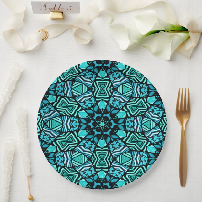 Chic Aquamarin Türkis Retro Oriental Mosaik Muster Pappteller (Hochzeit)