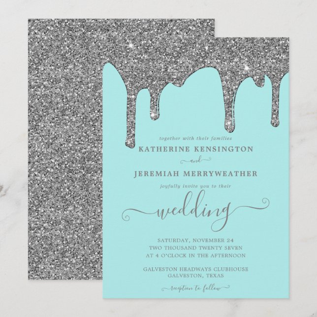 Chic Aquamarin und Silver Glitzer Tropfen Hochzeit Einladung (Vorne/Hinten)